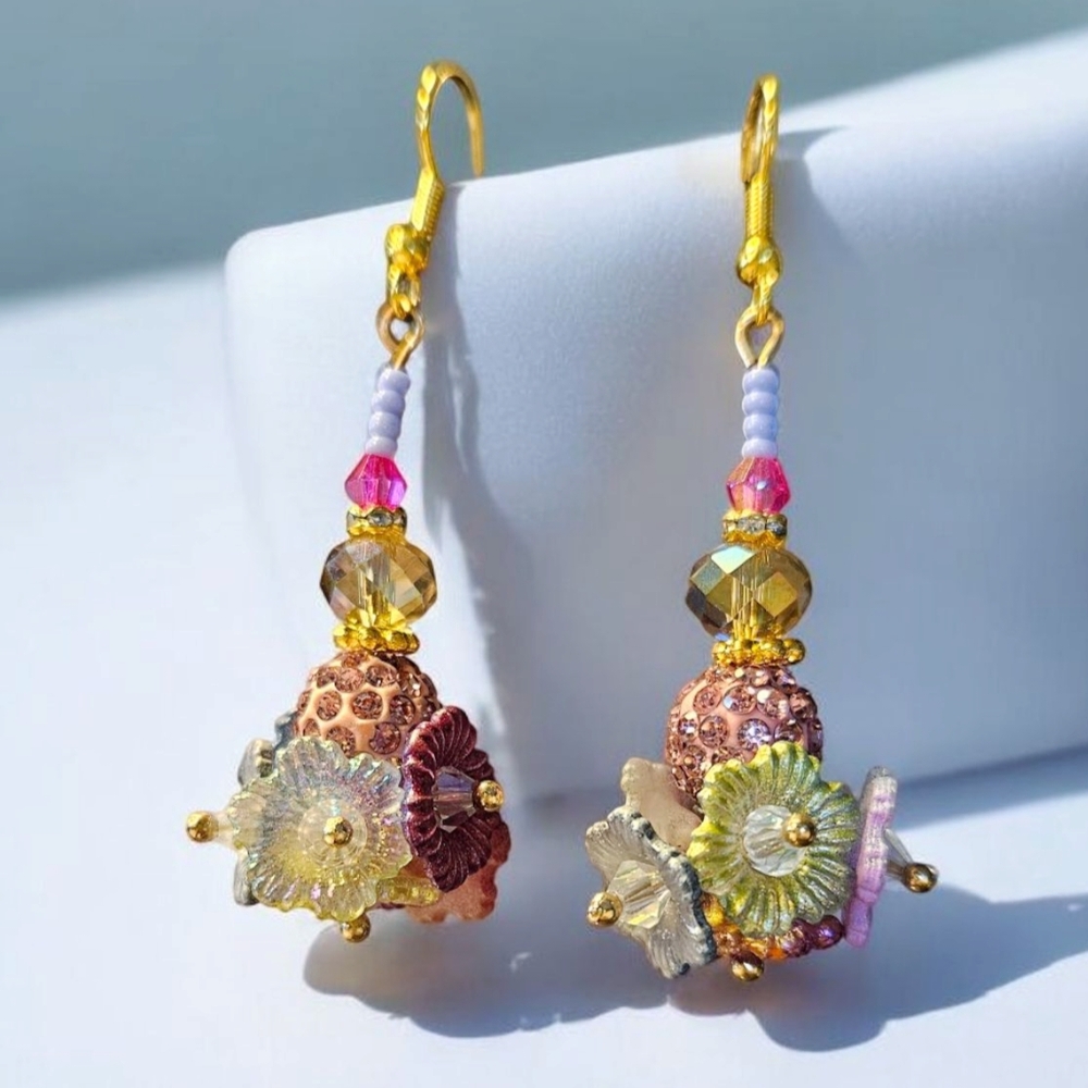 PRICE DROP!! Handcrafted Colorful Floral and Gold Drop Earrings NEW